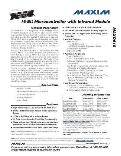 Maxim MAXQ610 16‑Bit Microcontroller with Infrared Module Datasheet - cover page
