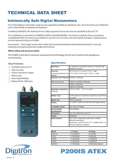 Digitron P200IS Intrinsically Safe Digital Manometer Technical Data Sheet - cover page