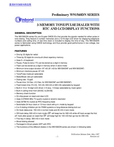 Winbond W91560DN Series 3-Memory Tone/Pulse Dialer Datasheet - cover page