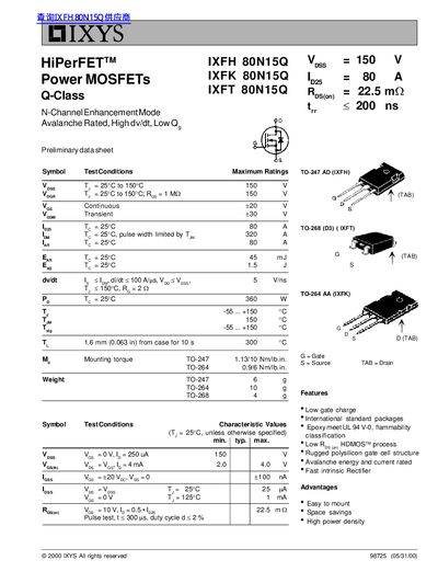IXYS 80N15Q Power MOSFET Preliminary Data Sheet - cover page