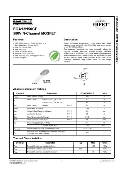 Fairchild Semiconductor FQA13N50CF 500V N-Channel MOSFET Datasheet - cover page