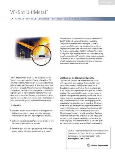 Agilent VF-5ht UltiMetal GC Column Product Leaflet - cover page