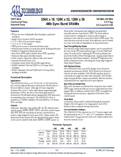 GSI Technology GS84018/32/36AT/IB-190/180/166/150/100 4Mb Sync Burst SRAM Datasheet - cover page