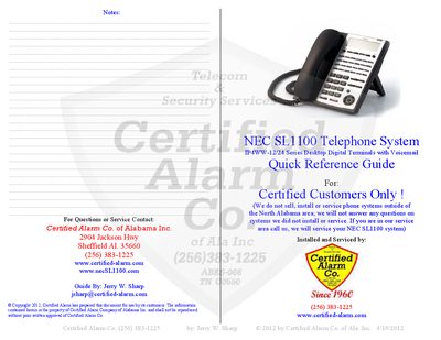 NEC SL1100 Telephone System Quick Reference Guide - cover page