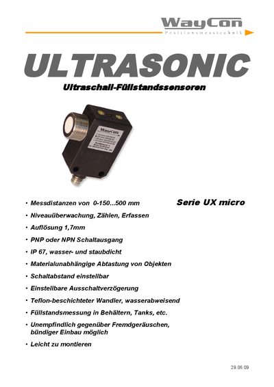 WayCon UX micro Ultrasonic Level Sensor Datasheet - cover page