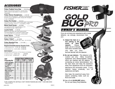 Fisher Gold Bug Pro Metal Detector Owner's Manual - cover page