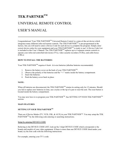 TEK Universal Remote Control User Manual - cover page