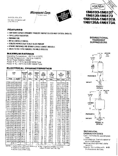 microsemi corp 1N6103-1N6137 1N6139-1N6173 1N6103A-1N6137A 1N6139A-1N6173A  - cover page