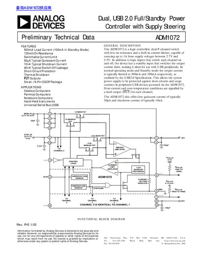 Analog Devices ADM1072 Dual USB Power Controller Preliminary Technical Data - cover page