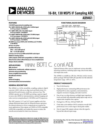 Analog Devices AD9461 16‑Bit 130 MSPS ADC Datasheet - cover page