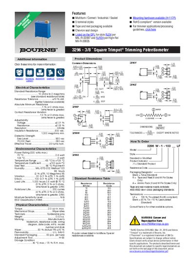 Bourns 3296 Square Trimpot Trimming Potentiometer Datasheet