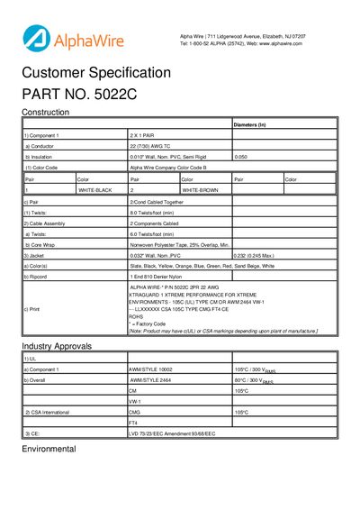 Alpha Wire 5022C Customer Specification - cover page