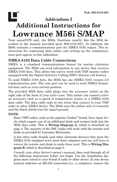 Lowrance M56i S/MAP Addendum I NMEA 0183 Instructions - cover page
