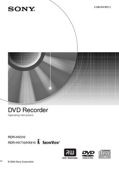 Sony RDR-HX510/HX710/HX910 DVD Recorder User Manual - cover page