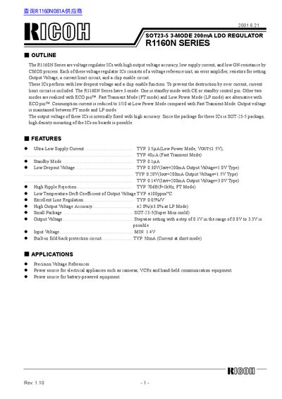 Ricoh R1160N Series Voltage Regulator Datasheet - cover page