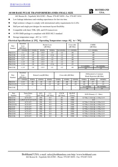 Bothhand TS6121 Series 10/100 Base Pulse Transformers Datasheet - cover page