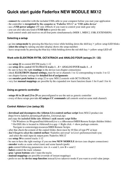 Faderfox MX12 Quick Start Guide - cover page