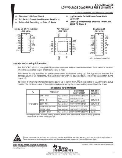 Texas Instruments SN74CBTLV3125 Quadruple FET Bus Switch Datasheet - cover page