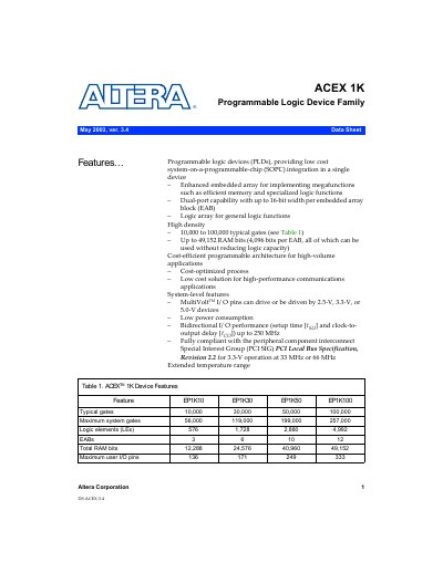 Altera ACEX 1K Programmable Logic Device Family Datasheet