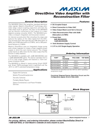 Maxim MAX9503 DirectDrive Video Amplifier Datasheet - cover page