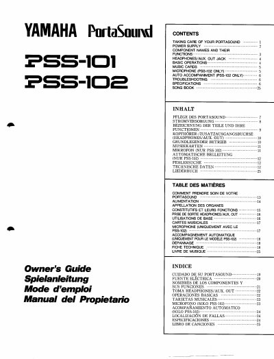 Yamaha PSS-101/102 PortaSound Owner's Guide - cover page