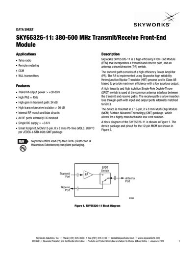 Skyworks SKY65326-11 380-500 MHz Transmit/Receive Front-End Module Datasheet - cover page