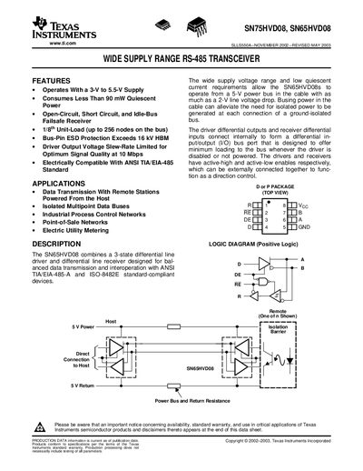 Texas Instruments SN75HVD08 / SN65HVD08 Wide Supply Range RS-485 Transceiver Datasheet - cover page