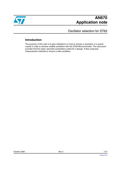 STMicroelectronics AN670 Oscillator Selection for ST62 Microcontroller Application Note - cover page