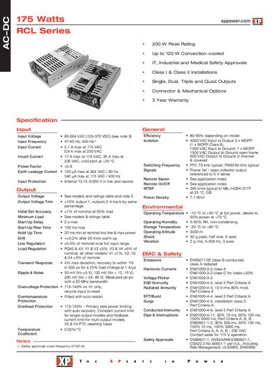 XP Power RCL175 Series 175W AC-DC Power Supply Manual - cover page