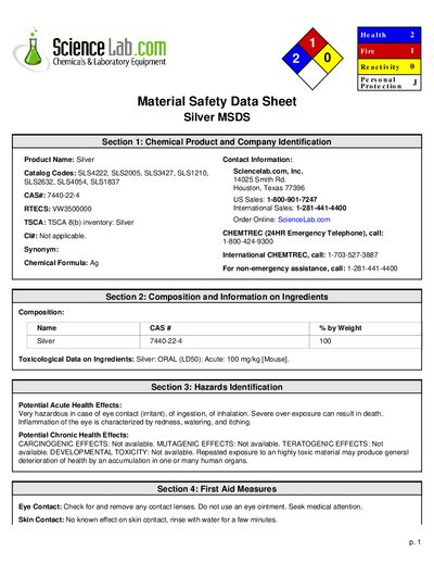 ScienceLab Silver Material Safety Data Sheet - cover page