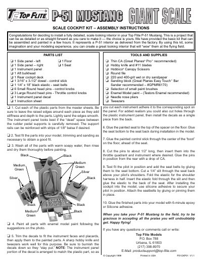 Top Flite P-51 Mustang Scale Cockpit Kit Assembly Instructions - cover page
