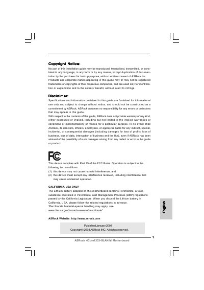 ASRock 4Core1333-GLAN/M Motherboard Installation Guide - cover page