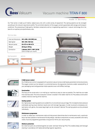 Boss TITAN-F 800 Vacuum Machine Product Leaflet - cover page