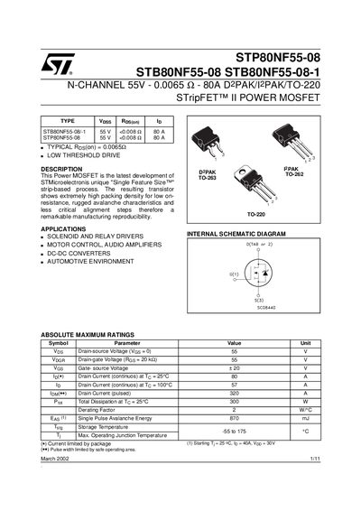 STMICROELECTRONICS STP80NF55-08 STB80NF55-08 STB80NF55-08-1 Manual - cover page