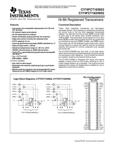 Texas Instruments CY74FCT163952/CY74FCT163H952 16-Bit Registered Transceivers Datasheet - cover page