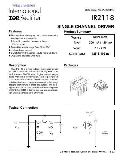 International Rectifier IR2118 Single Channel Driver Datasheet - cover page