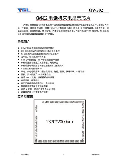 GW502 Telephone Caller ID Display Chip Manual