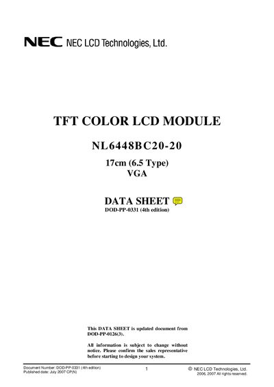 NEC NL6448BC20-20 TFT Color LCD Module Data Sheet - cover page
