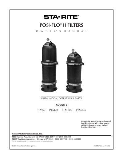 Pentair Water Pool Spa Inc. PTM50 PTM70 PTM100 PTM135 POSI-FLO II FILTERS  - cover page
