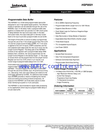 Intersil HSP9501 Programmable Data Buffer Datasheet - cover page
