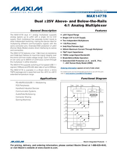 Maxim MAX14778 Dual 4:1 Analog Multiplexer Datasheet - cover page