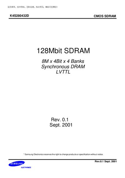 Samsung K4S280432D CMOS SDRAM Datasheet - cover page