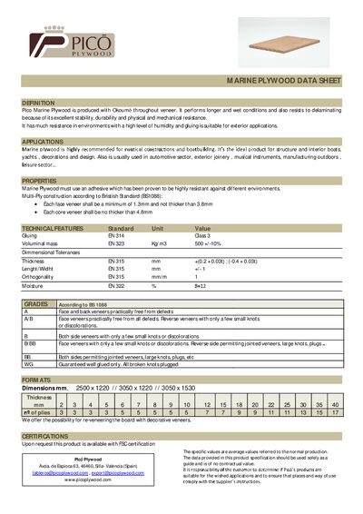 Pico Marine Plywood Data Sheet - cover page