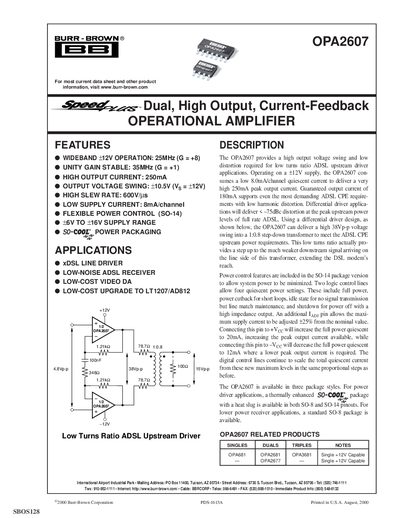 Burr-Brown OPA2607 Dual High Output Current-Feedback Operational Amplifier Datasheet