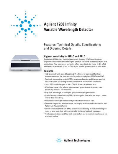 Agilent 1260 Infinity Variable Wavelength Detector Features and Specifications - cover page