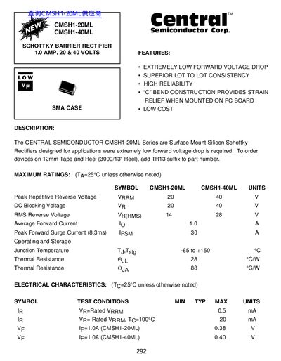 Central Semiconductor Corp. CMSH1-20ML/CMSH1-40ML Schottky Barrier Rectifier Datasheet - cover page