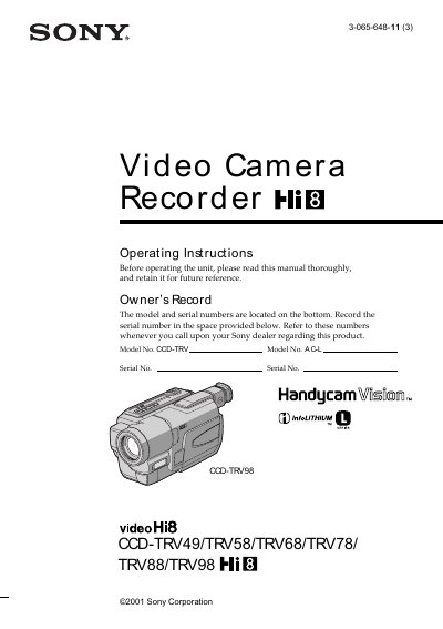 Sony CCD-TRV49/58/68/78/88/98 Camcorder User Manual - cover page