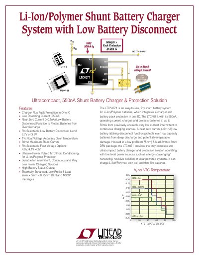 LINEAR 2PB_4071 Li-Ion/Polymer Shunt Battery Charger System with Low Battery Disconnect - cover page