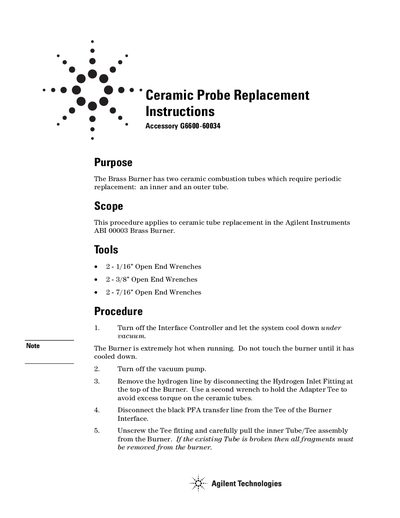 Agilent G6600-60034 Ceramic Probe Replacement Service Manual - cover page