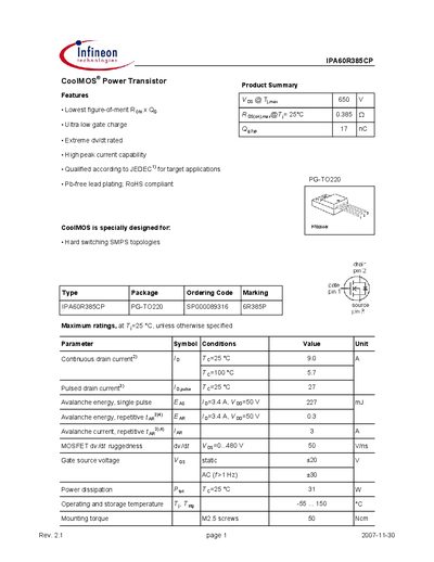 Infineon IPA60R385CP CoolMOS Power Transistor Datasheet - cover page